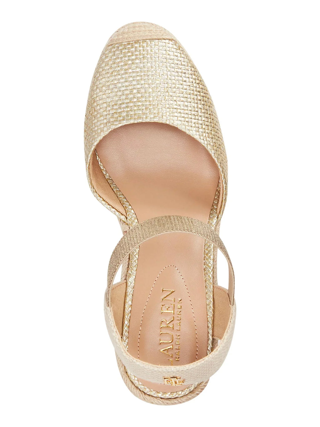 LAUREN RALPH LAUREN People Gold Mixed Media Ankle Strap Padded Pearle Cap Toe Wedge Slip On Espadrille Shoes 8 B