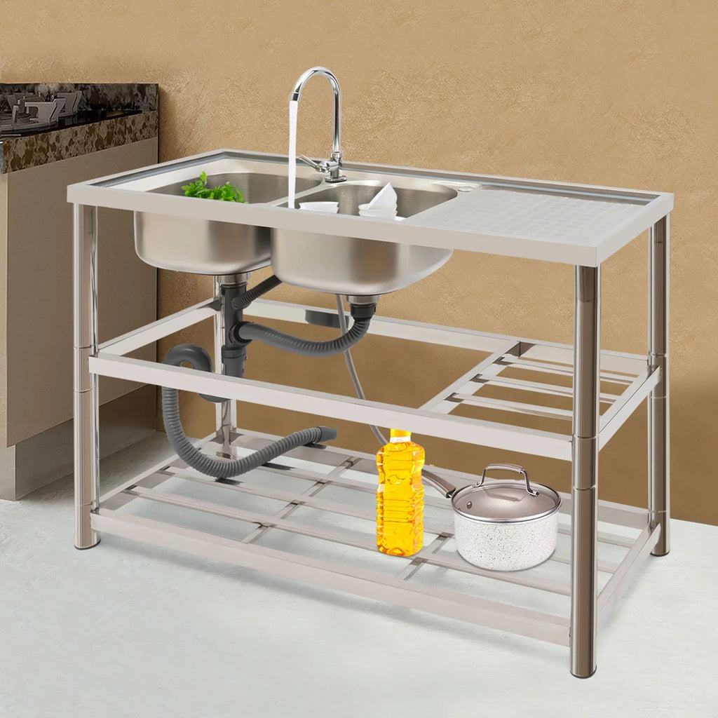 Aiqidi Commercial Stainless Steel Sink Double Bowl Freestanding Restaurant Kitchen Prep & Utility Sink Basin with Channel