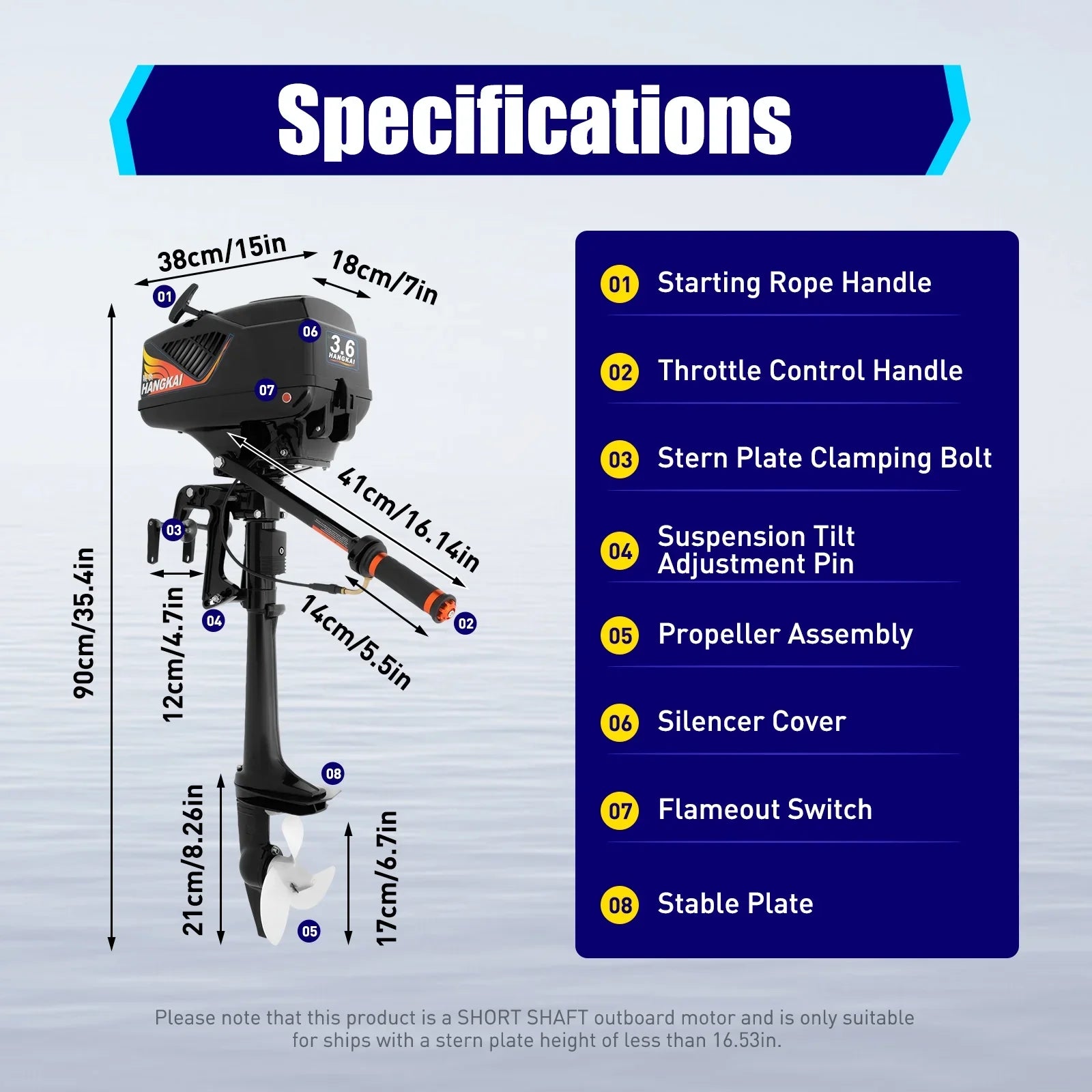 2 Stroke 3.6 HP Gasoline Outboard Motor, 55cc Fishing Boat Engine with Water Cooling System Clutch Control Midnight