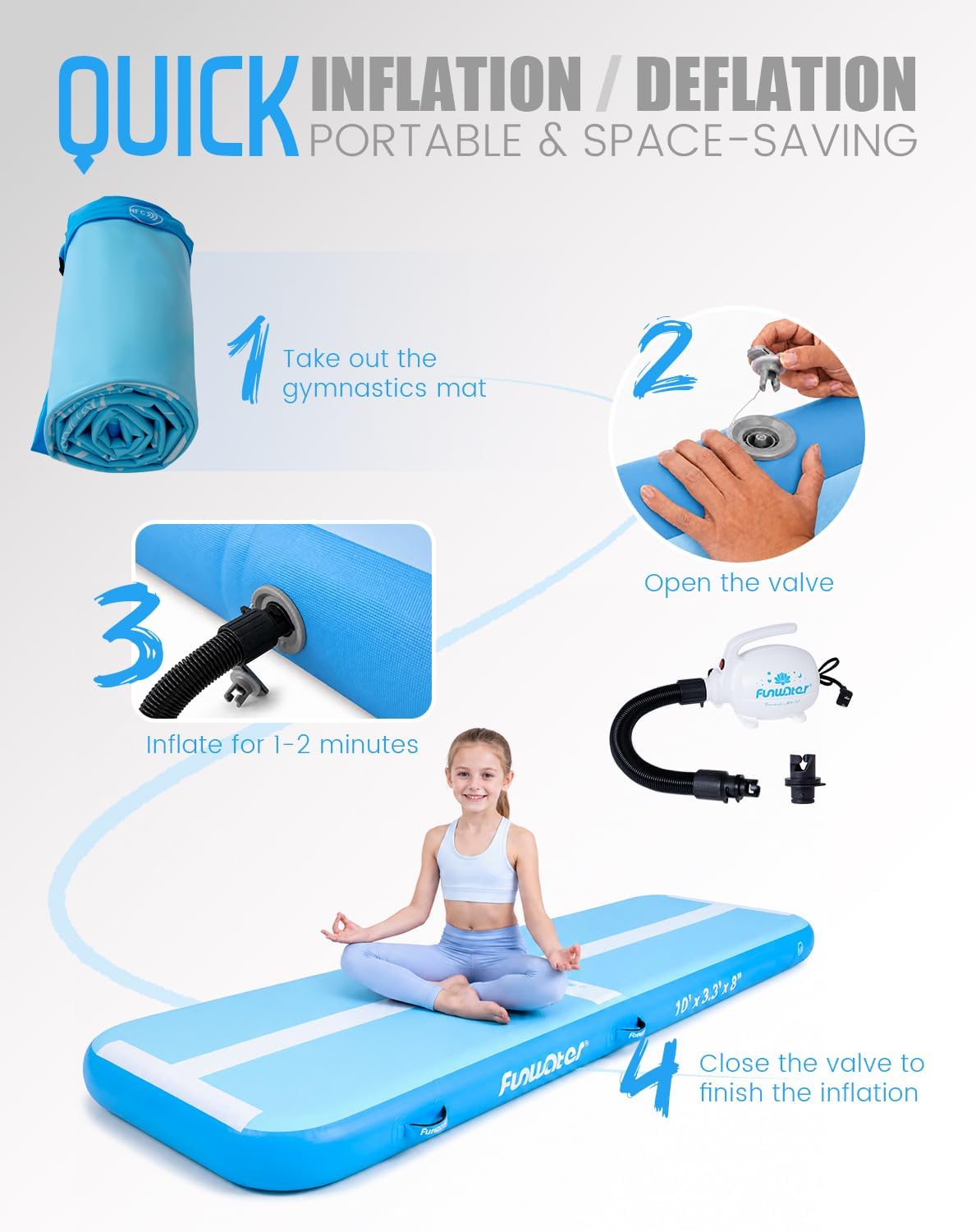FunWater 10ft Inflatable Gymnastics Tumble Track Tumbling Mat 8in Thick Air Floor Tumble Track with Electric Pump for Cheer Leading/Gymnastics/Beach/Gym/Home