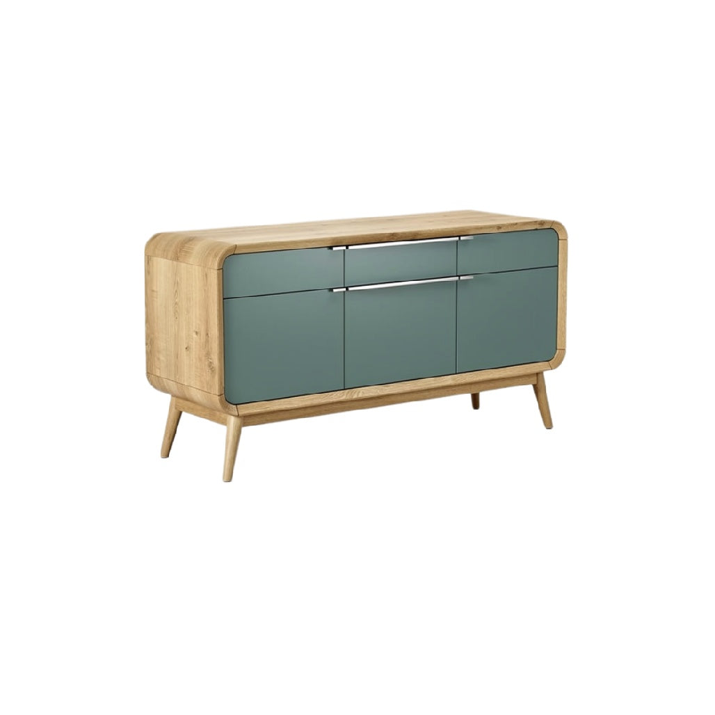 "Modern Wooden Sideboard with Green Glass Fronts"