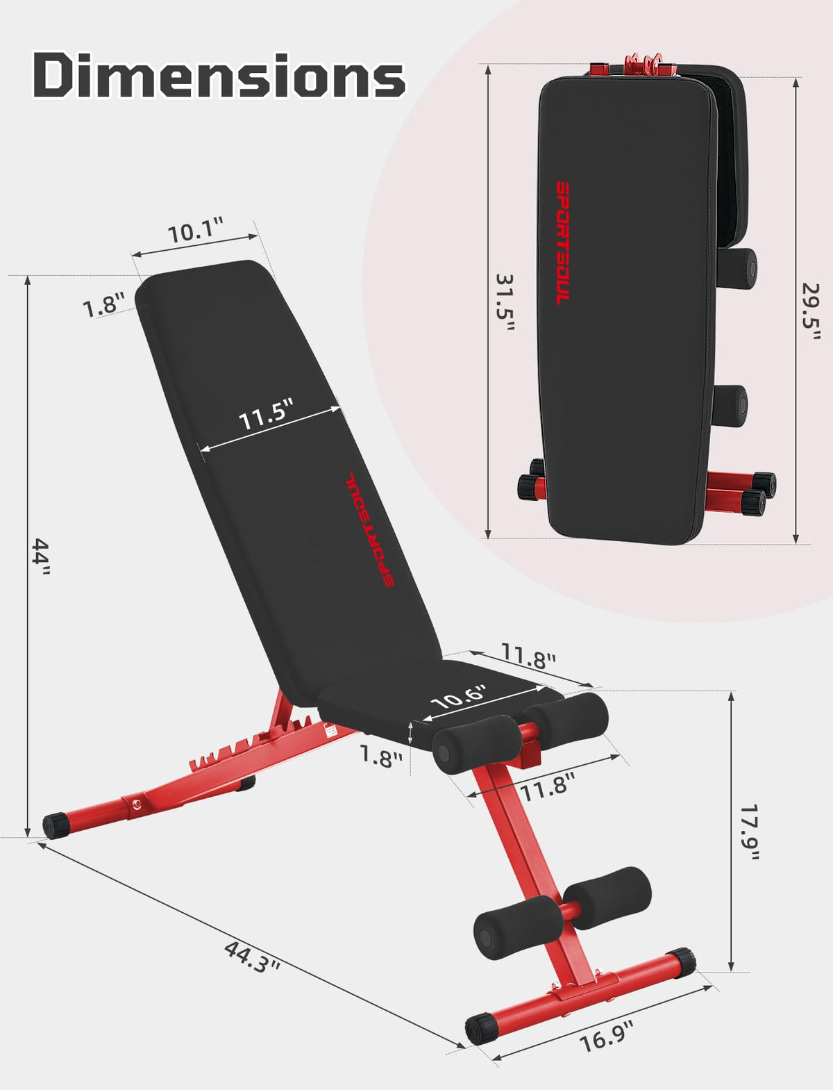 SPORTSOUL 880LB Weight Bench, 8-Position Backrest Adjustable Workout Bench