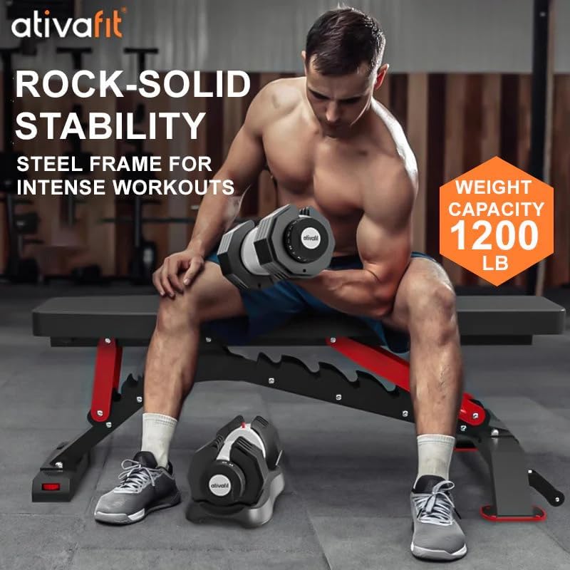ATIVAFIT Adjustable Dumbbell Set with Workout Bench, 50/66/88 LB Pair with Quick Dial Adjustment & Safety Lock, Foldable Adjustable Weight Bench for Full Body Home Gym Strength Training, Space-Saving Fitness Equipment