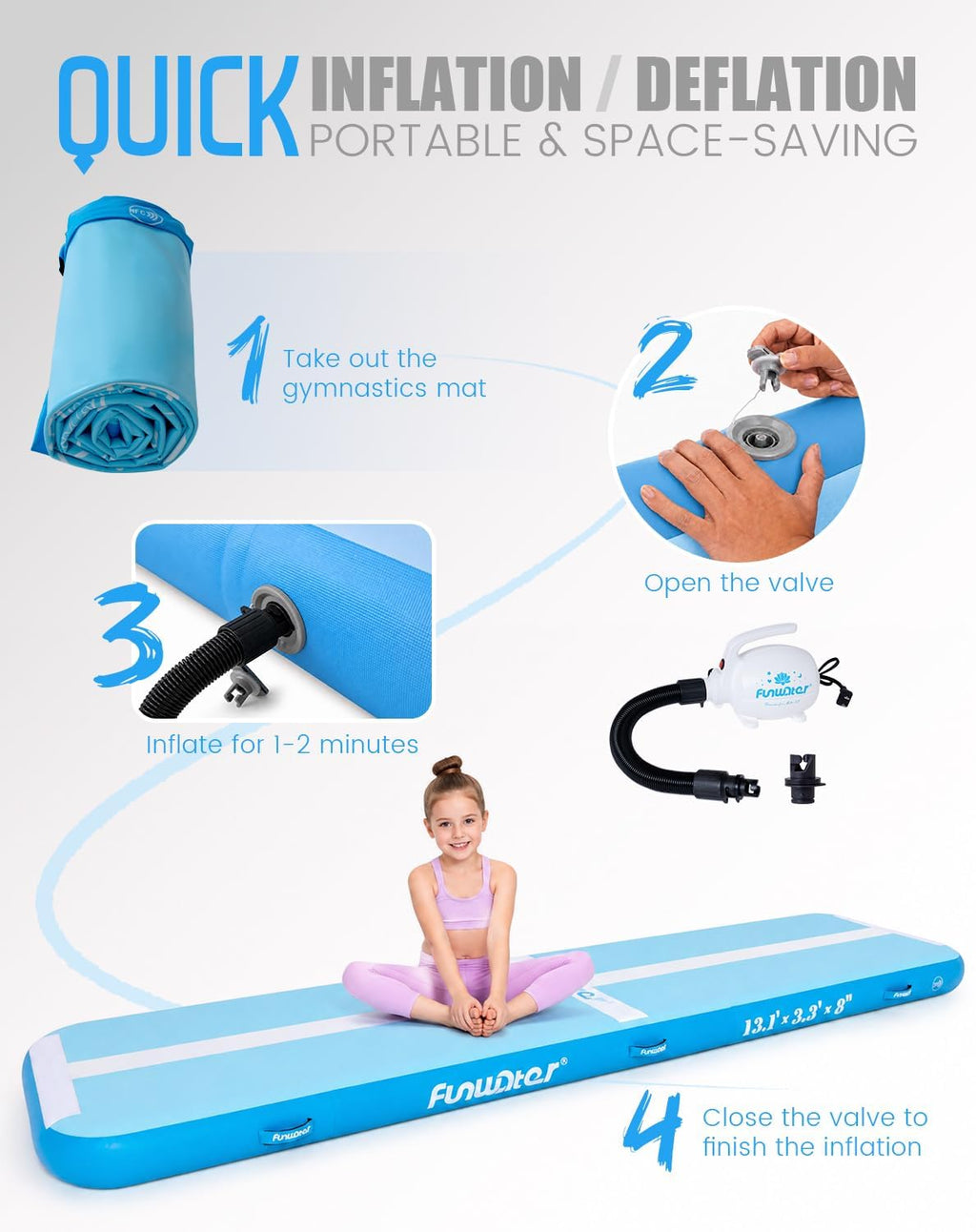 FunWater 13ft Inflatable Gymnastics Tumble Track Tumbling Mat 8in Thick Air Floor Tumble Track with Electric Pump for Cheer Leading/Gymnastics/Beach/Gym/Home