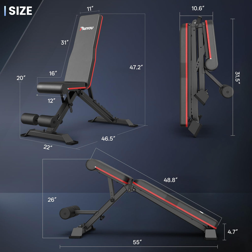 PASYOU Adjustable Weight Bench, 660LB Capacity Foldable Workout Bench, Incline Flat Bench Press for Home Gym, Dual-Frame Strength Training Bench, No Assembly Required, Wider Seat