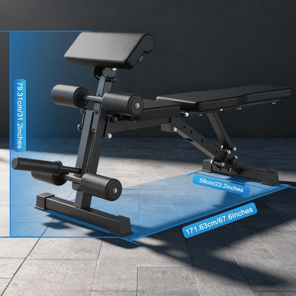 Adjustable Weight Bench with Preacher Curl Pad & Leg Developer, Multi-Functional Strength Training Bench for Home Gym, Incline/Decline/Flat Workout Bench for Full-Body Exercise