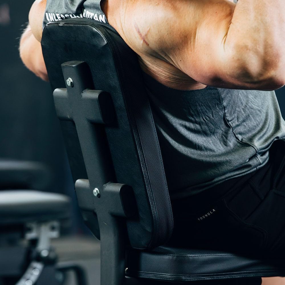 Titan Fitness Seated Stationary Bench, Rated 330 LB, Ergonomic Angled Back, Comfortable HeftyGrip Padding, Front Handle, Rear Wheels for Easy Transport, Utility Upright Weight Bench