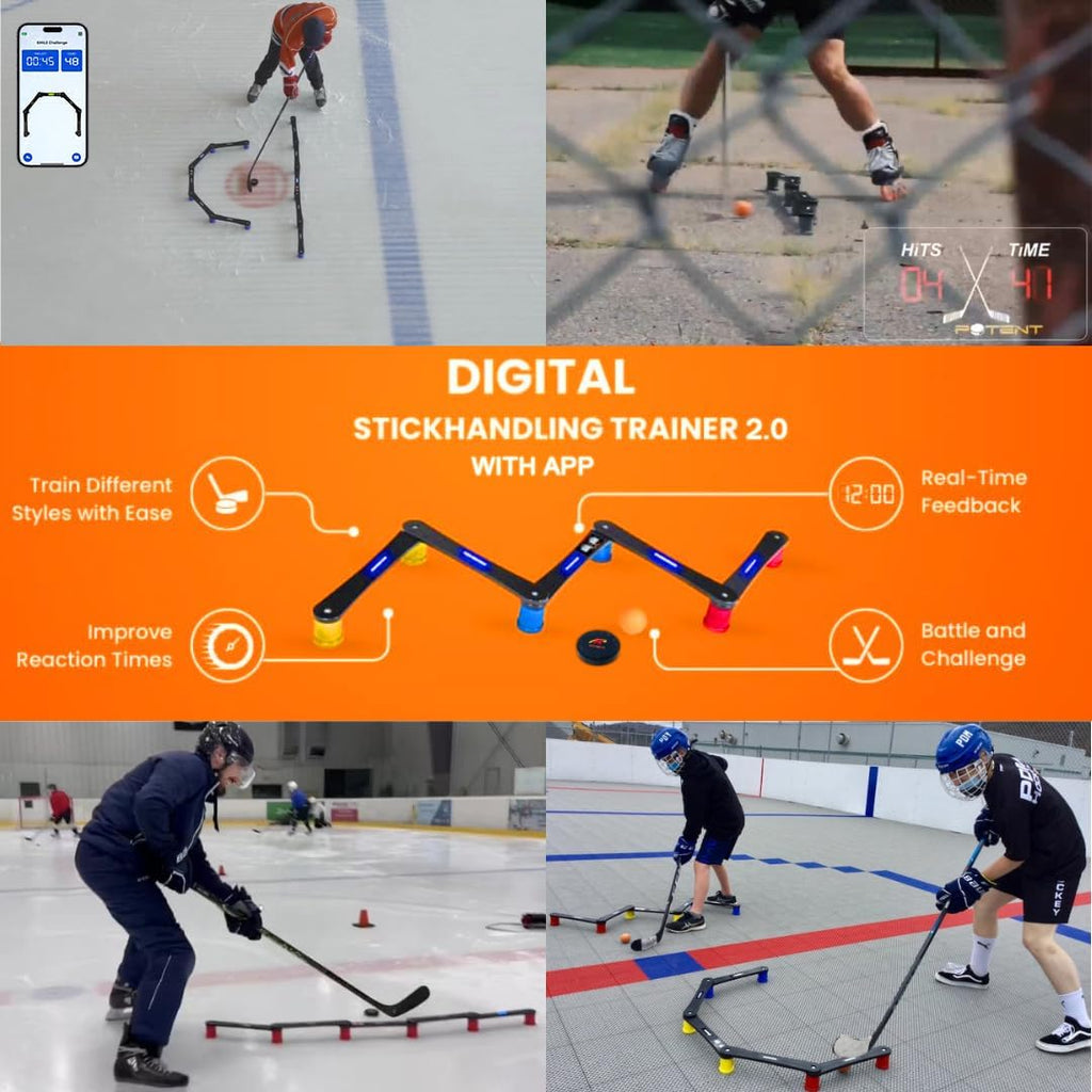 Potent Digital Stickhandling Trainer 2.0 with App-Enabled Training, Built-in Scoreboard & Countdown Timer - Practice Puck Control & Reaction Times, Portable On & Off Ice Hockey Training Aid