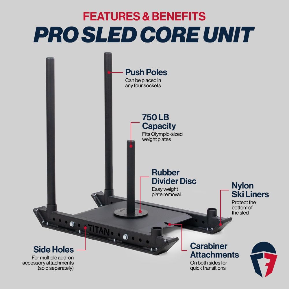 Titan Fitness Pro Sled Core Unit, 4-Post Push, Pull, or Drag Sled for Speed Training and Agility, Rated 750 LB Capacity, Use on Grass, Turf, Concrete or Asphalt, Fits Olympic Weight Plates
