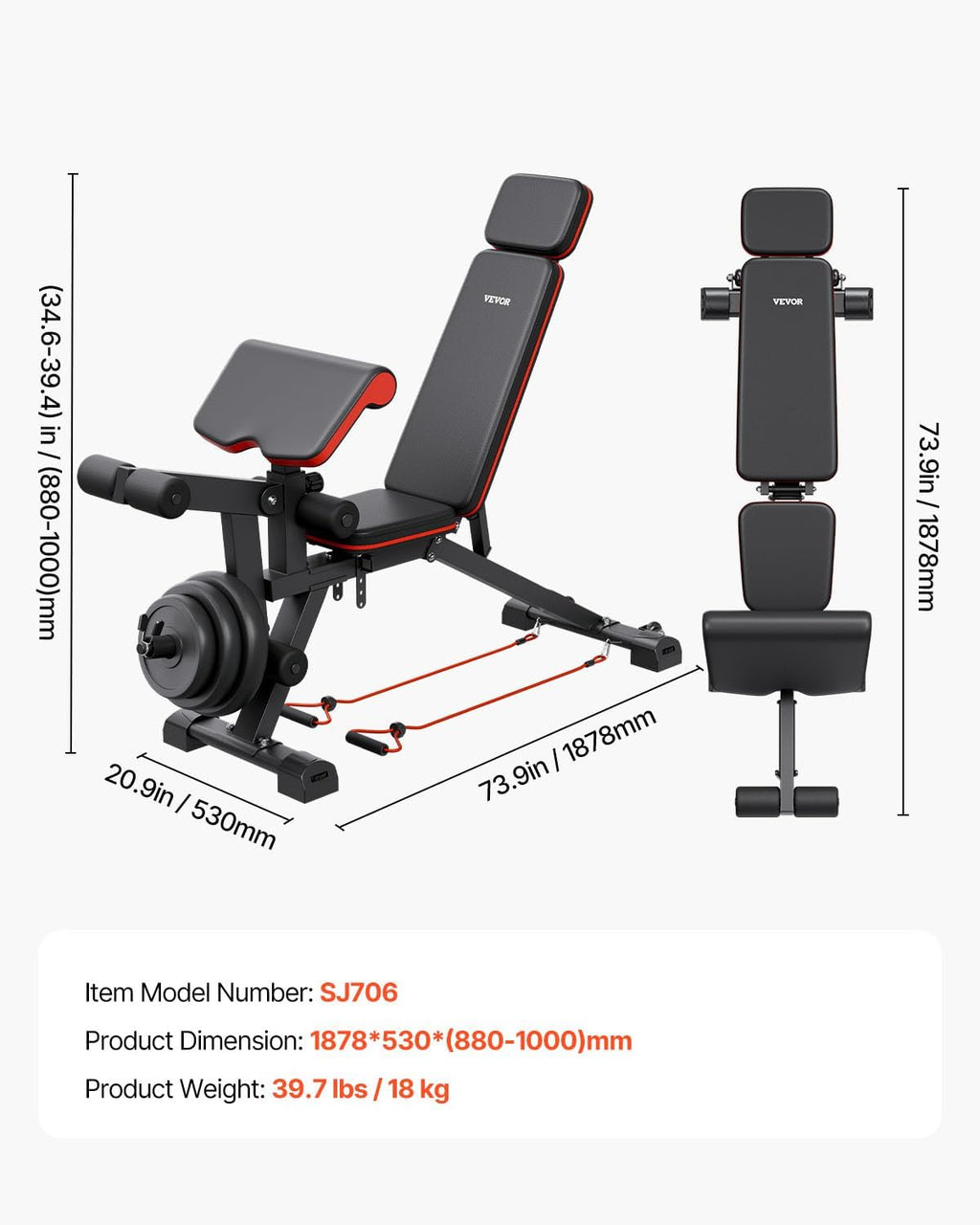 VEVOR Weight Bench, 800lbs/660lbs Adjustable Weight Bench Press for Full Body Workout, Exercise Sit-up Bench for Home Gym Strength Training, Multiple Functions, Fast Adjustment