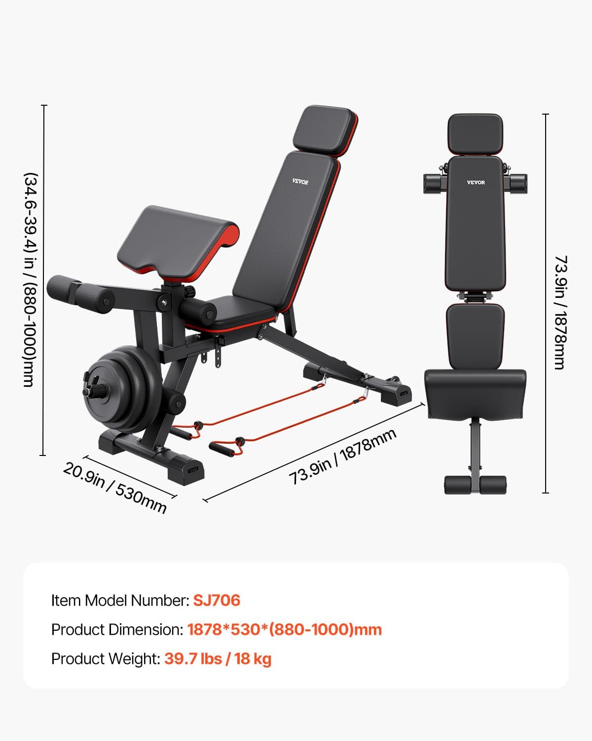 VEVOR Weight Bench, 800lbs/660lbs Adjustable Weight Bench Press for Full Body Workout, Exercise Sit-up Bench for Home Gym Strength Training, Multiple Functions, Fast Adjustment