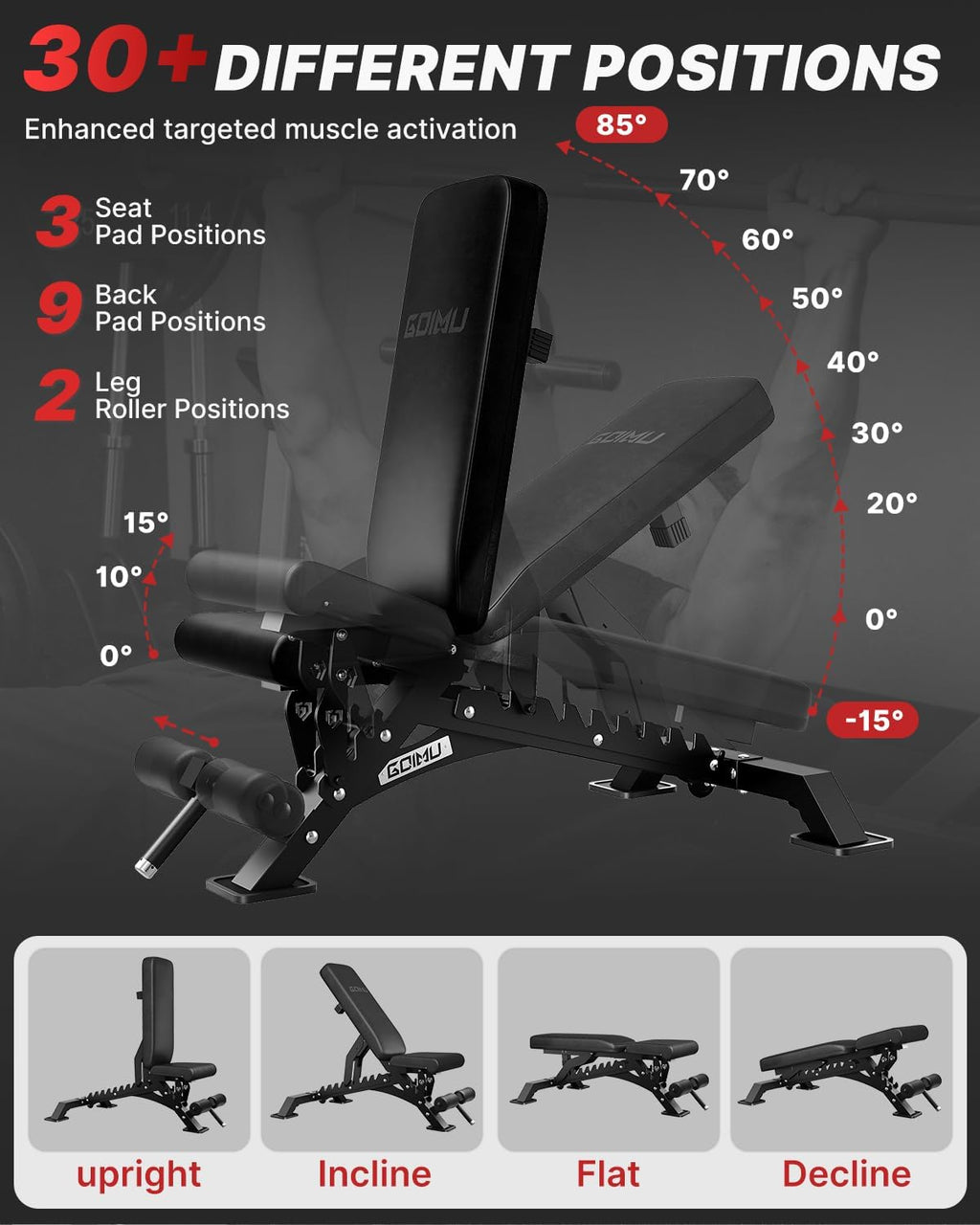 WB01 Adjustable Weight Bench, 1300LB Heavy Duty Workout Bench for Home Gym, Multi-Angle Gym Bench with Thickened Steel Frame, Incline Decline Flat Bench for Full Body Training & Bench Press