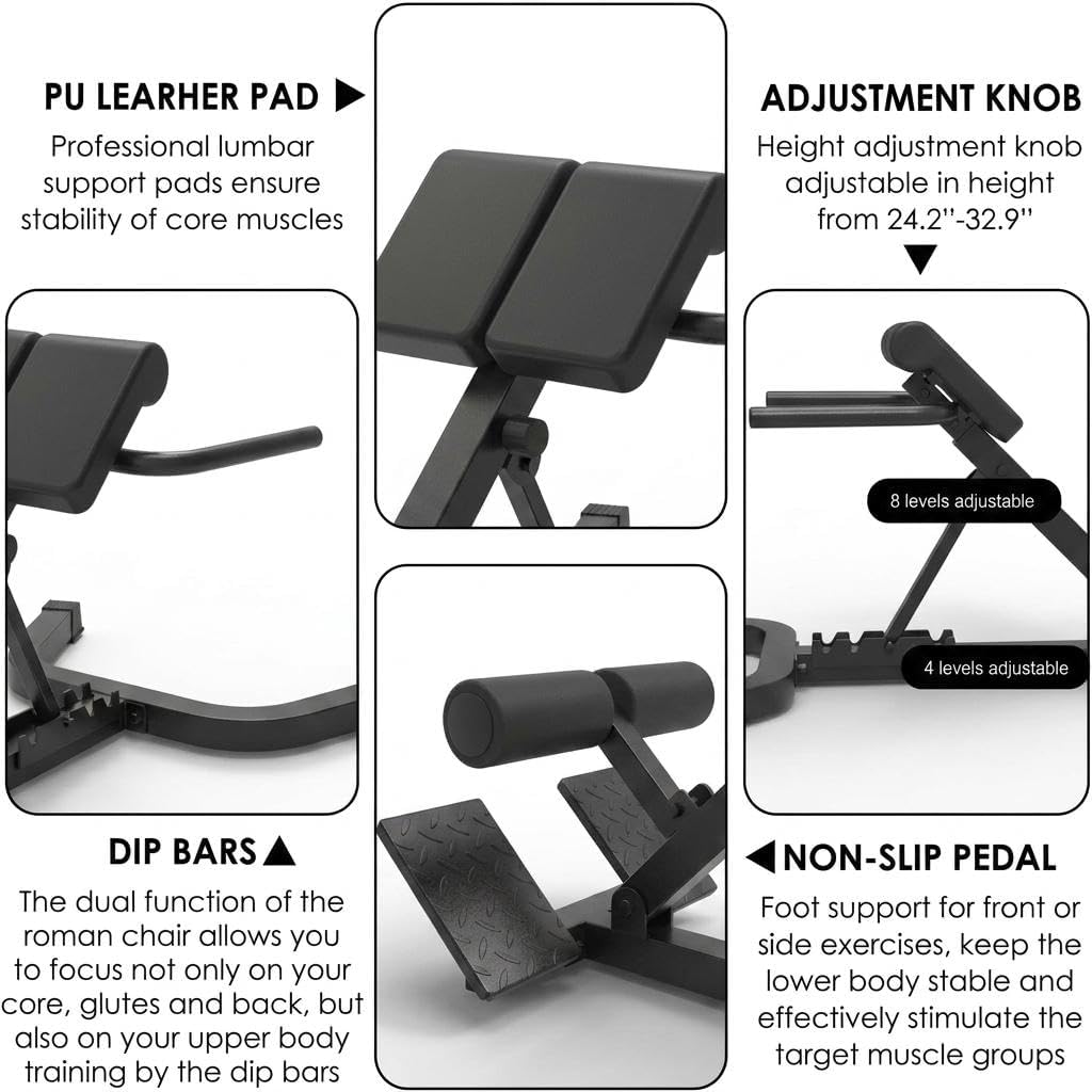 Garvee Adjustable Home Roman Chair, Multi-Angle Back Extension Bench, Abdominal Core Training Board with Foldable Anti-Slip Base