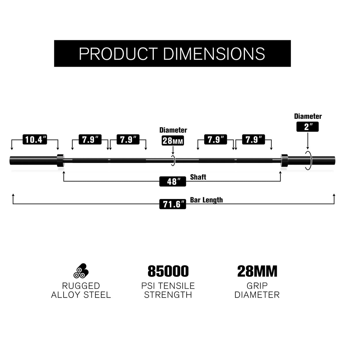 RITFIT Olympic Barbell 4ft/6ft - 2 Inch Weight Bar for Strength Training, Weightlifting, Squat, Deadlift, Bench Press, Curl, Overhead Press - 350lbs/500lbs Capacity