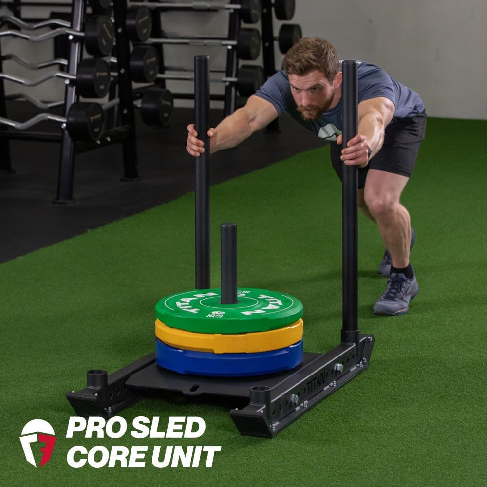 Titan Fitness Pro Sled Core Unit, 4-Post Push, Pull, or Drag Sled for Speed Training and Agility, Rated 750 LB Capacity, Use on Grass, Turf, Concrete or Asphalt, Fits Olympic Weight Plates