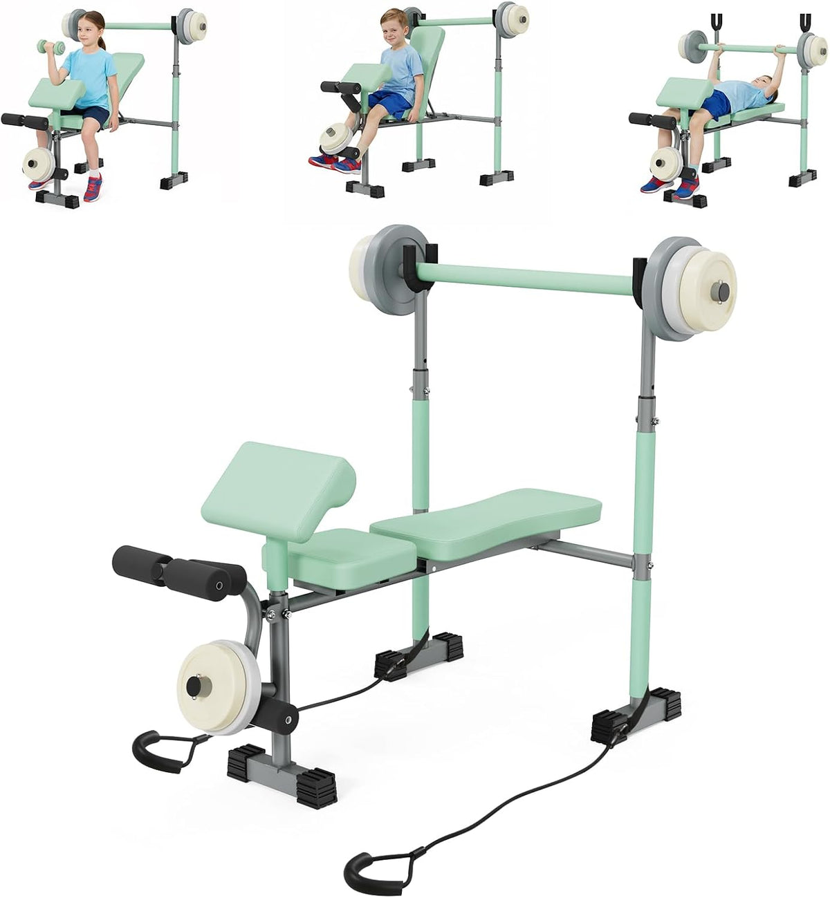 Kids Workout Equipment, Adjustable Kids Workout Bench with Preacher Pad & Leg Developer, Fillable Weight Plates for Home Gym Fitness & Exercise