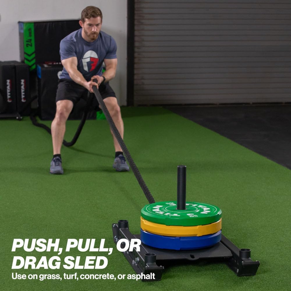 Titan Fitness Pro Sled Core Unit, 4-Post Push, Pull, or Drag Sled for Speed Training and Agility, Rated 750 LB Capacity, Use on Grass, Turf, Concrete or Asphalt, Fits Olympic Weight Plates