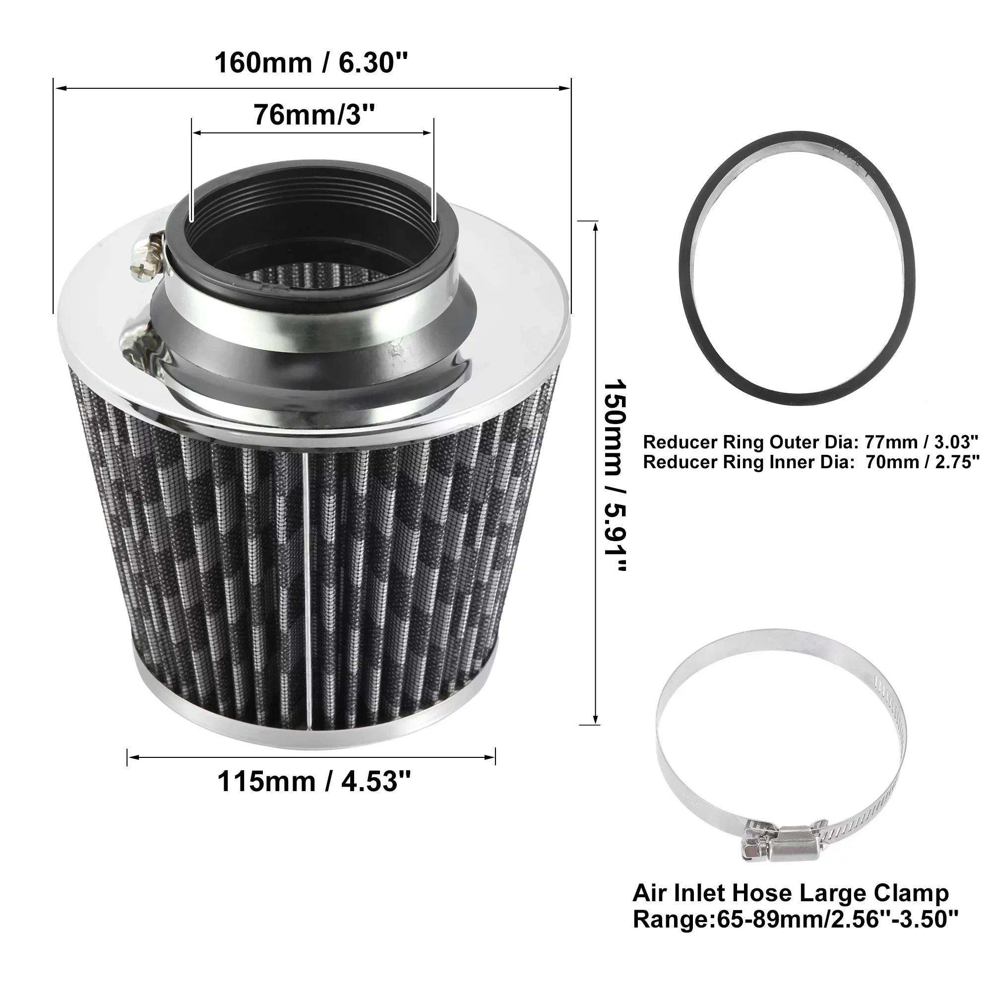 1pcs 2.7" 70mm Reducer Ring Inlet Cold Air Intake Cone Individuals Washable Clamp on Dry Air Filter Carbon Fiber Pattern