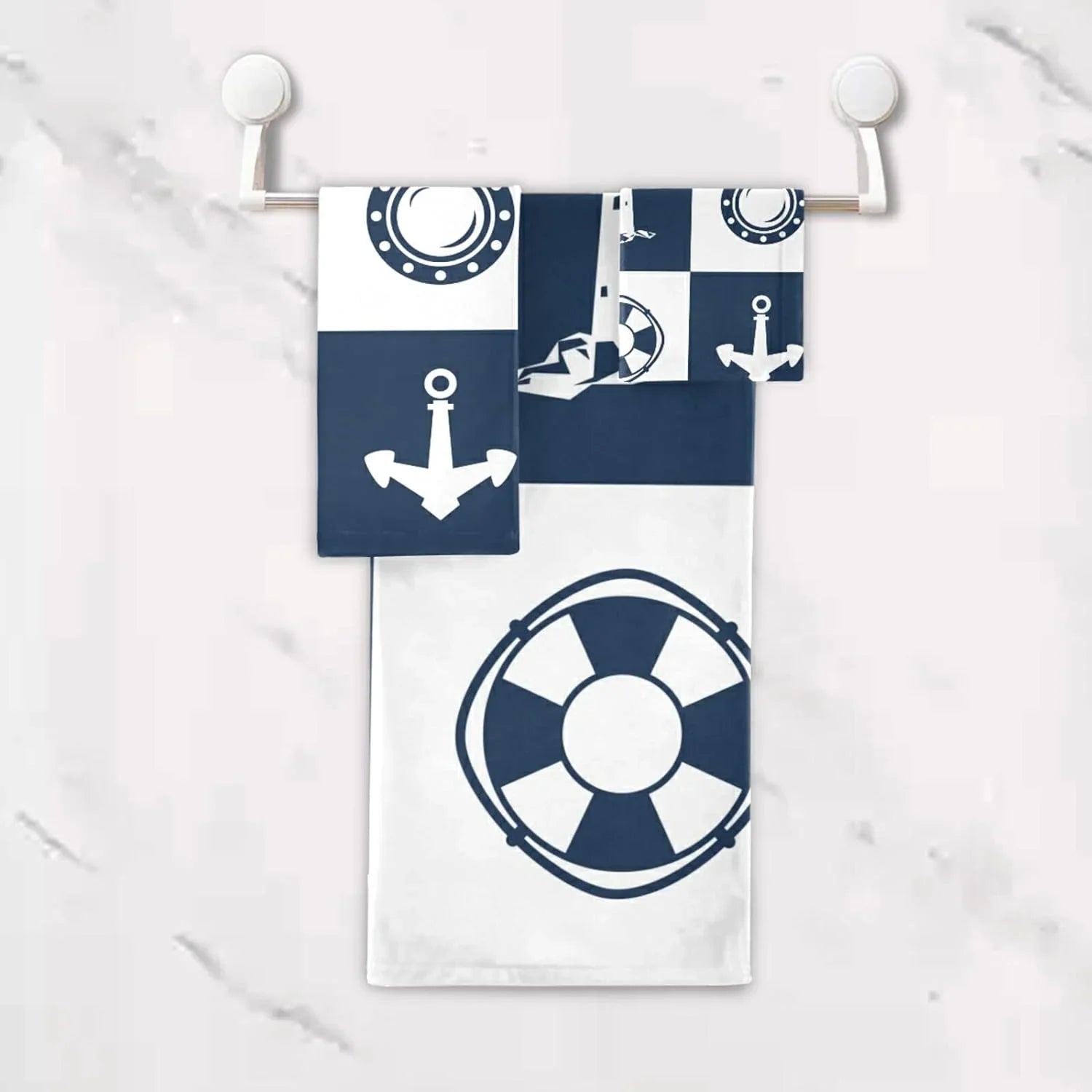 Dreamtimes Bath Towel Sets for Bathroom Hand Towels Fingertip Towels Sailing Vessel Anchor Lighthouse Checked 3 Piece Decorative Soft Cotton Absorbent