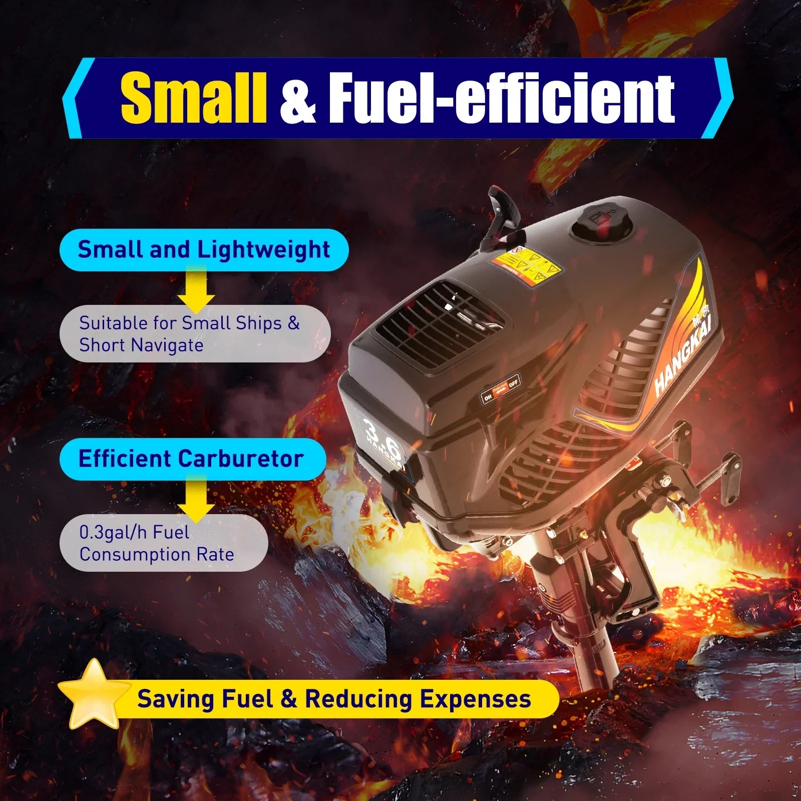 2 Stroke 3.6 HP Gasoline Outboard Motor, 55cc Fishing Boat Engine with Water Cooling System Clutch Control Midnight