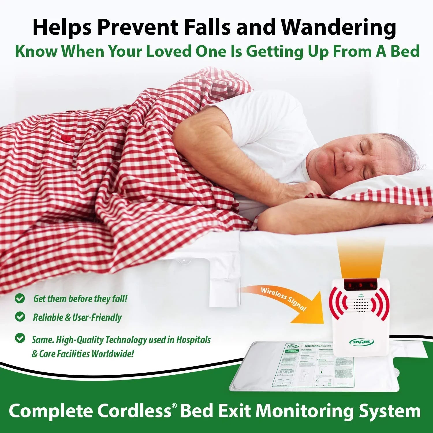 Smart Caregiver Cordless Bed Exit Monitoring System Alarm with Bed Pressure Sensing Pad - Help Prevent Falls and Wandering While Edge 2 Piece Set