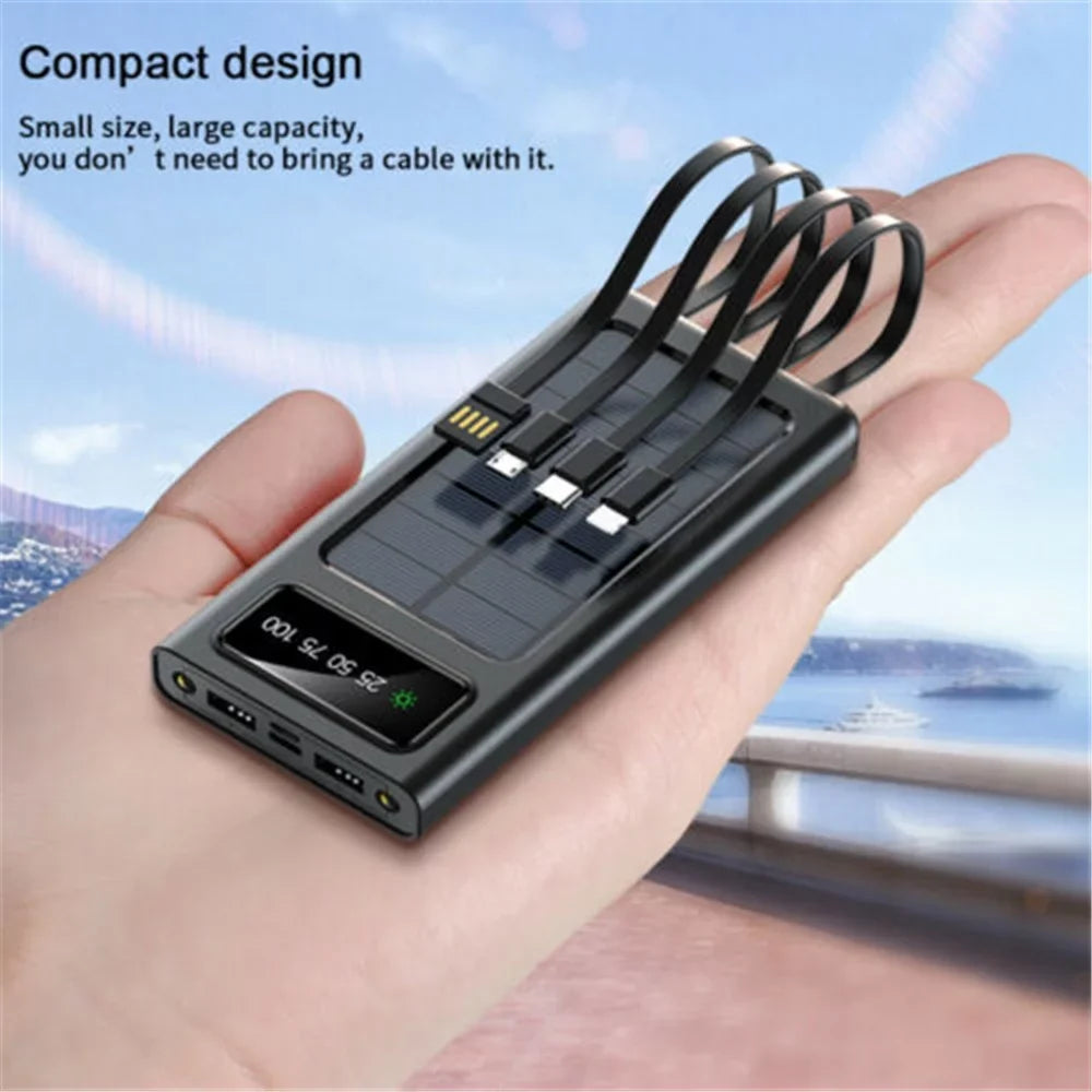 Solar-Charger-Power-Bank - Portable Charger,20000mAh 4 Qi Charger Solar Panel Built-in 3 Kinds Output Cable and Dual LED Flashlights