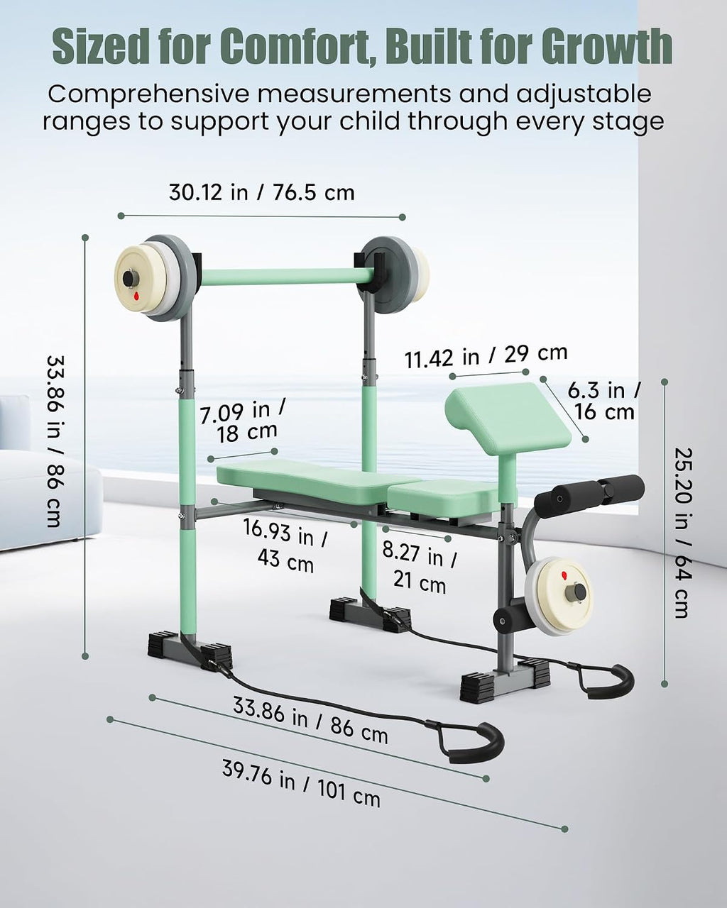 Kids Workout Equipment, Adjustable Kids Workout Bench with Preacher Pad & Leg Developer, Fillable Weight Plates for Home Gym Fitness & Exercise