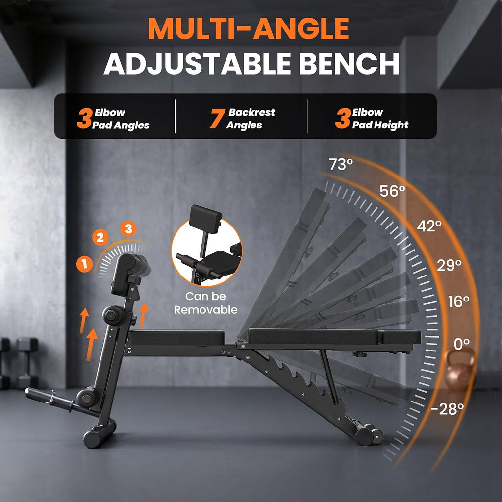 VUSIGN Adjustable Workout Bench, Weight Bench for Home Gym, Preacher Curl Bench with Leg Extension for Full Body Training Fitness, Foldable Incline Flat Decline Sit Up Bench Equipment for Bench Press Dumbbell Exercise with Wheels