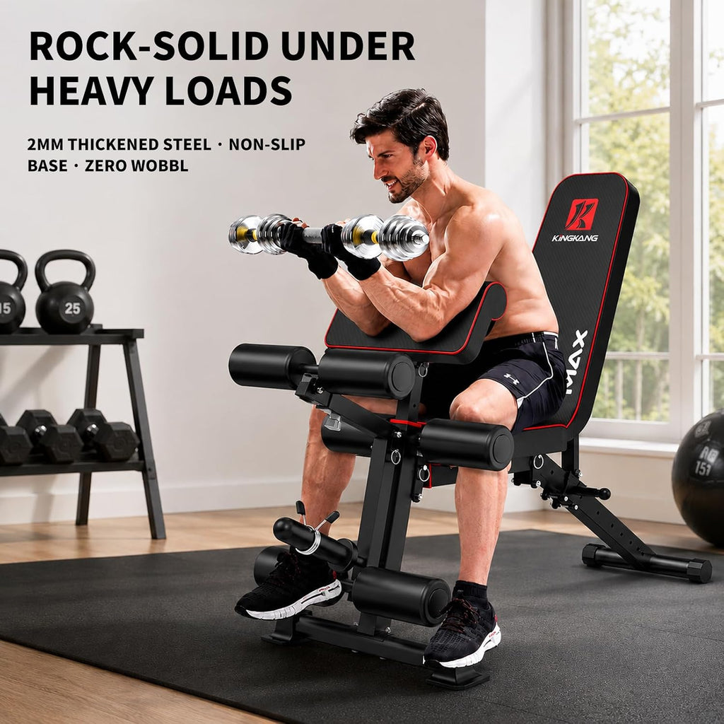 K KiNGKANG Foldable Weight Bench with Leg Curl, 1200 LBS Heavy Duty Workout Bench, 4-Level Adjustable Distance for All Heights, Multi-Position Incline Decline Exercise Bench with Dumbbell Rack for Home Gym