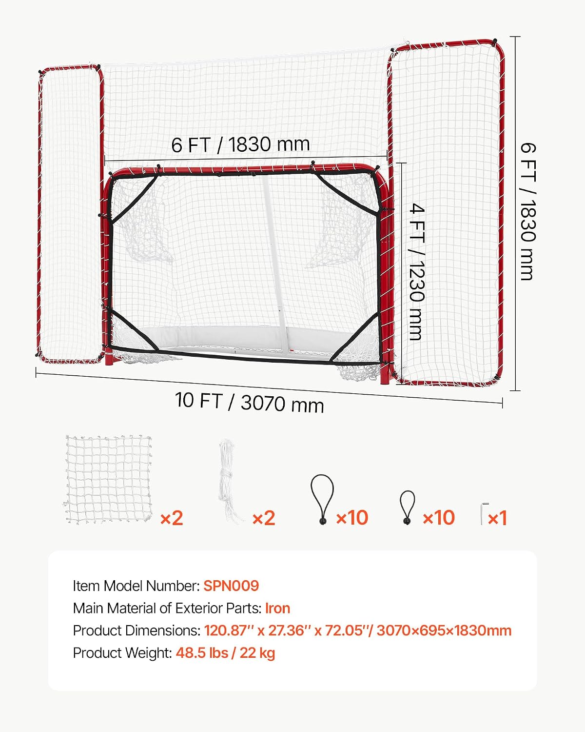 VEVOR Hockey Goal with Backstop and Targets, 10x6FT Street Steel Hockey Goal Set, Pro Lightweight and Portable Training Equipment, Durable Net for Indoor & Outdoor Use, Easy Assembly, White/Red