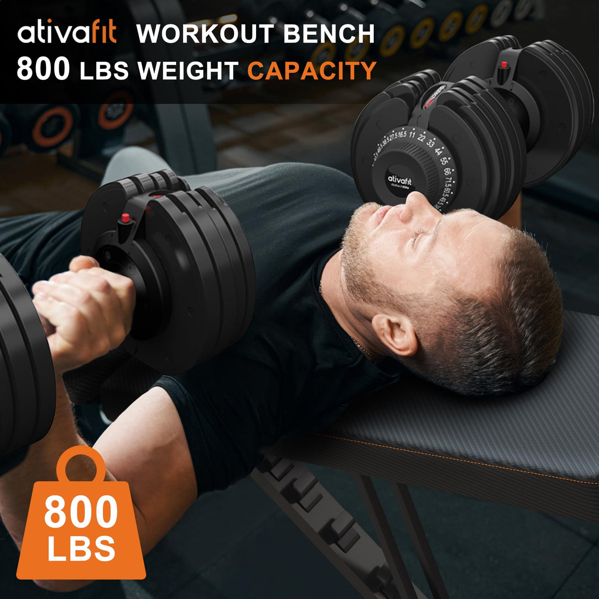 ATIVAFIT Adjustable Dumbbell Set with Workout Bench, 50/66/88 LB Pair with Quick Dial Adjustment & Safety Lock, Foldable Adjustable Weight Bench for Full Body Home Gym Strength Training, Space-Saving Fitness Equipment