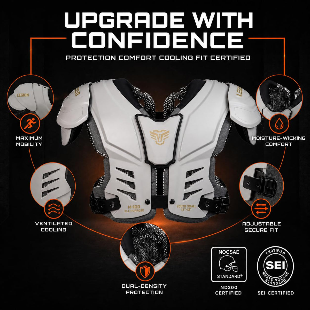 Legion Youth Football Shoulder Pads, Patents Pending, Lightweight, Optimized Mobility, Enhanced Impact Protection, Industry-Best Ventilation and Cooling