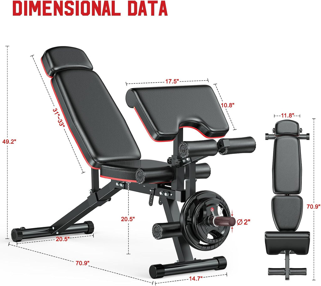 XDDIAS Workout Bench, Adjustable Weight Bench with Leg Extension and Leg Curl, Extended Headrest, 900LBS Preacher Curl Bench Incline Decline Flat Workout Bench for Home Gym Full Body Exercise