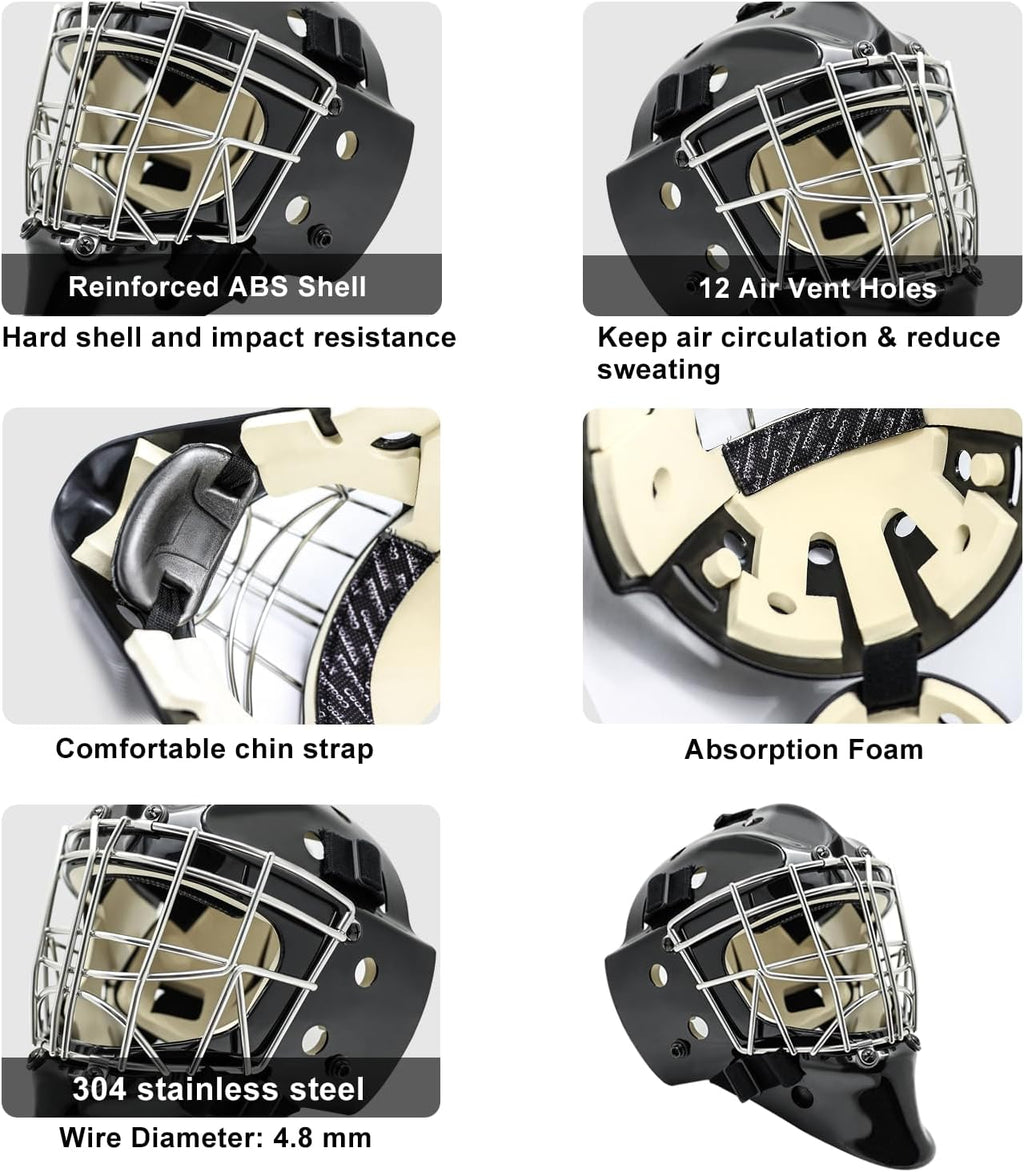 GY Hockey Helmet Combo with Facemask Senior Ice Hockey Goalie Helmet Adult/Cat-Eye Cage, Professional PC & ABS Shell/ 304 Stainless Steel Face Cage/Dual-Layer Lining