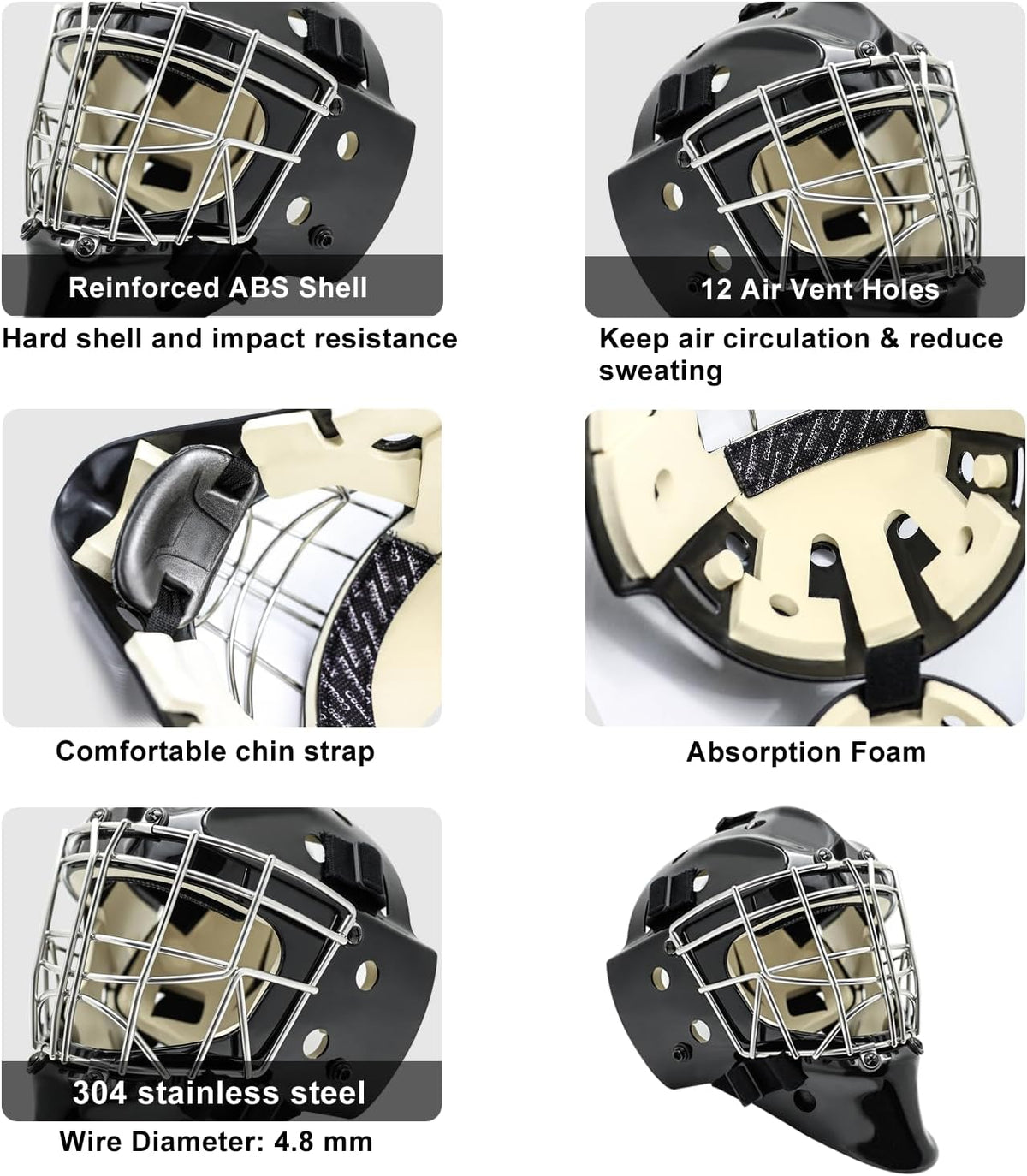 GY Hockey Helmet Combo with Facemask Senior Ice Hockey Goalie Helmet Adult/Cat-Eye Cage, Professional PC & ABS Shell/ 304 Stainless Steel Face Cage/Dual-Layer Lining