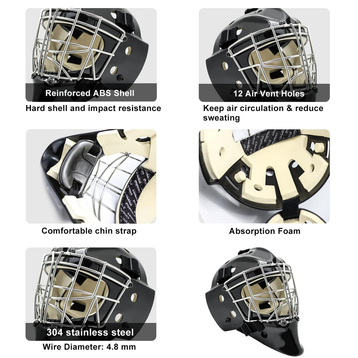 GY Hockey Helmet Combo with Facemask Senior Ice Hockey Goalie Helmet Adult/Cat-Eye Cage, Professional PC & ABS Shell/ 304 Stainless Steel Face Cage/Dual-Layer Lining