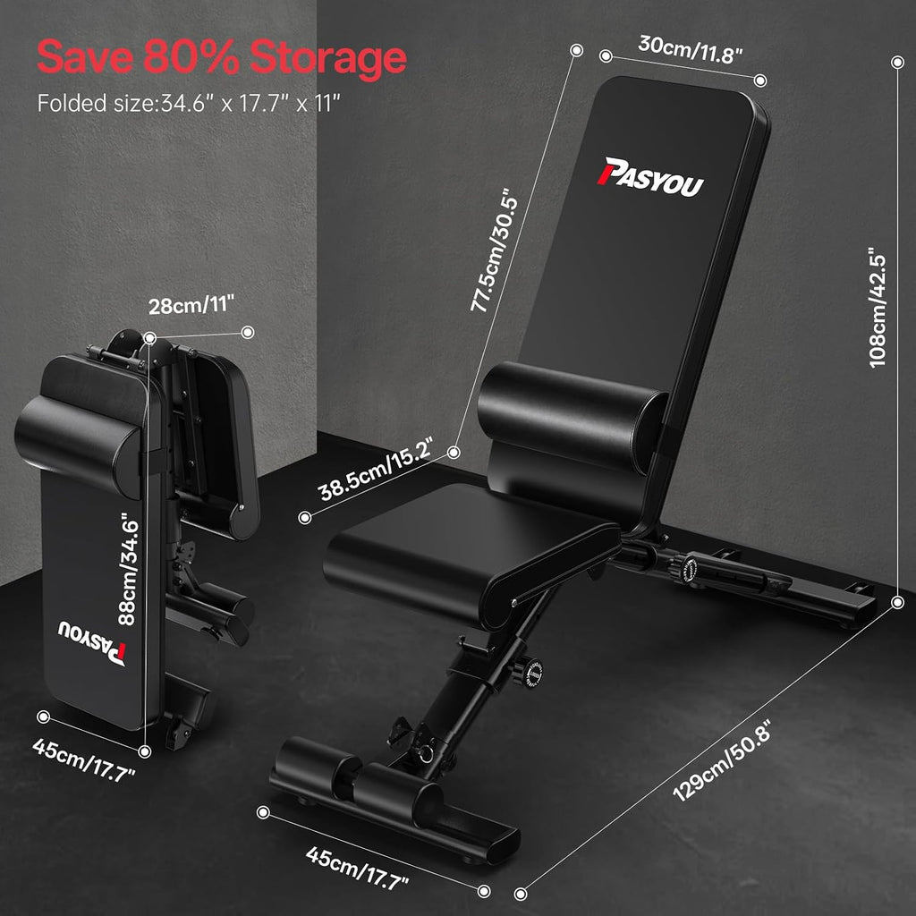 PASYOU Adjustable Weight Bench, 660LB Capacity Foldable Workout Bench, Incline Flat Bench Press for Home Gym, Dual-Frame Strength Training Bench, No Assembly Required, Wider Seat