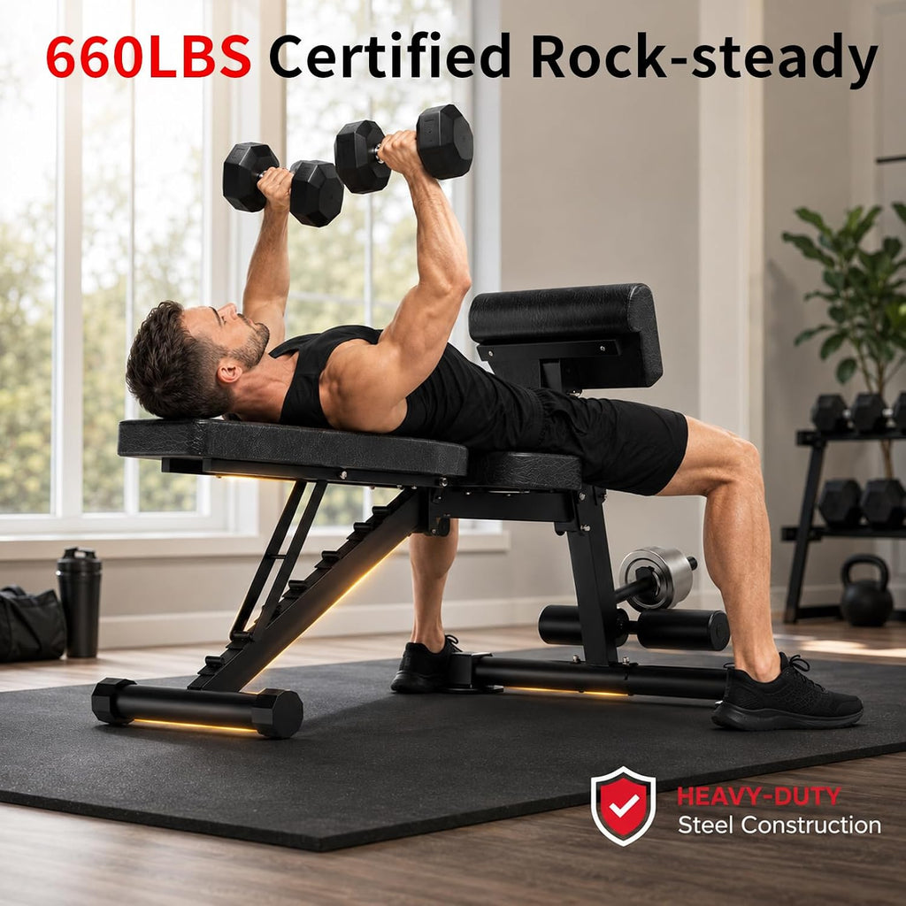 K KiNGKANG Adjustable Weight Bench, 660lbs Capacity Foldable Workout Bench with 7 Back Positions & 3 Seat Positions, Multi-Function Incline Decline Flat Exercise Bench for Full Body Workout, Home Gym Equipment