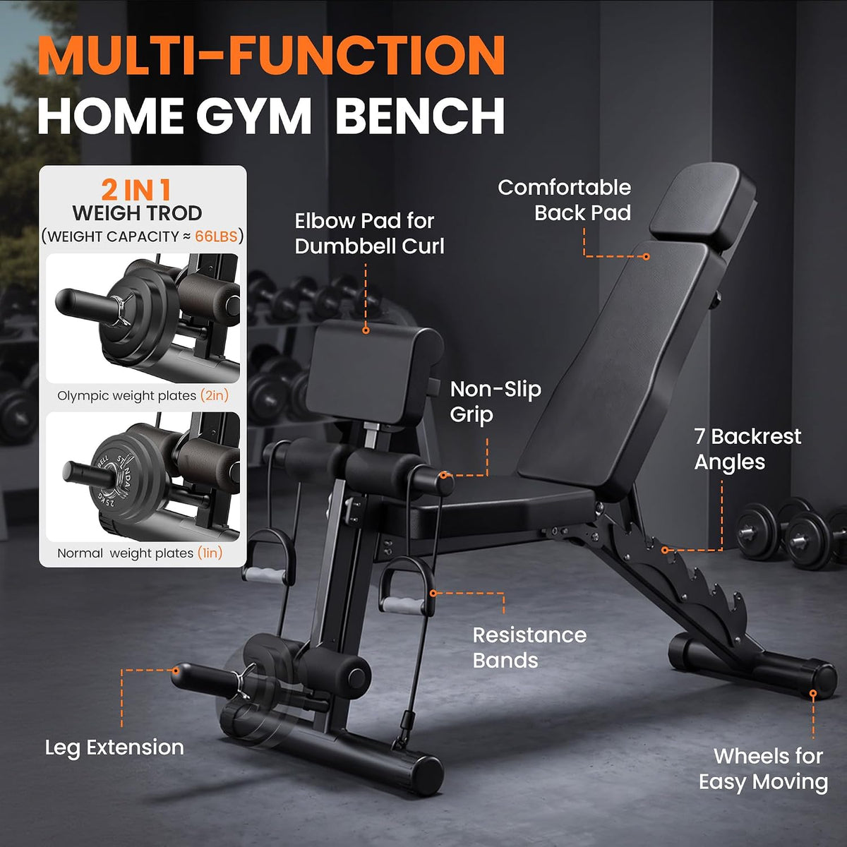 VUSIGN Adjustable Workout Bench, Weight Bench for Home Gym, Preacher Curl Bench with Leg Extension for Full Body Training Fitness, Foldable Incline Flat Decline Sit Up Bench Equipment for Bench Press Dumbbell Exercise with Wheels