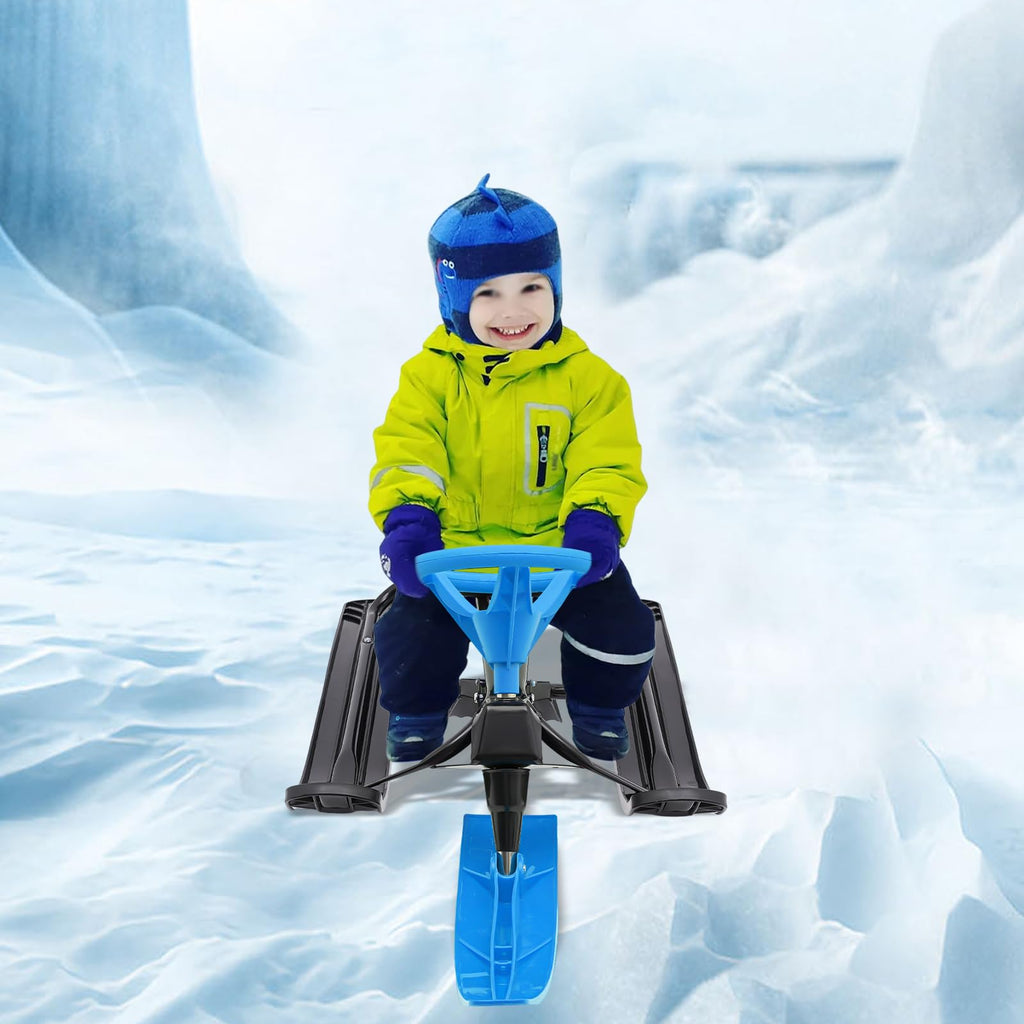 Snow Racer Sled, Steerable Ski Slider with Twin Serrated Brakes, 220lbs Load Capacity Winter Sport Sled for Adults Children