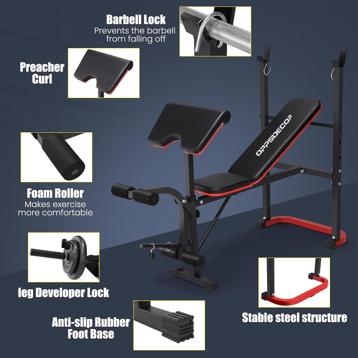 OPPSDECOR 661LBS Weight Bench Set, 8 in 1 Adjustable Bench Press with Squat Rack Leg Extension & Leg Curl Foldable Workout Bench with Safety Bar Catches Standard Weight Training Benches for Home Gym