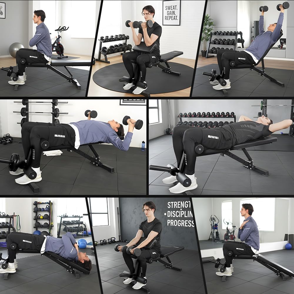 Adjustable Weight Bench with Preacher Curl Pad & Leg Developer, Multi-Functional Strength Training Bench for Home Gym, Incline/Decline/Flat Workout Bench for Full-Body Exercise