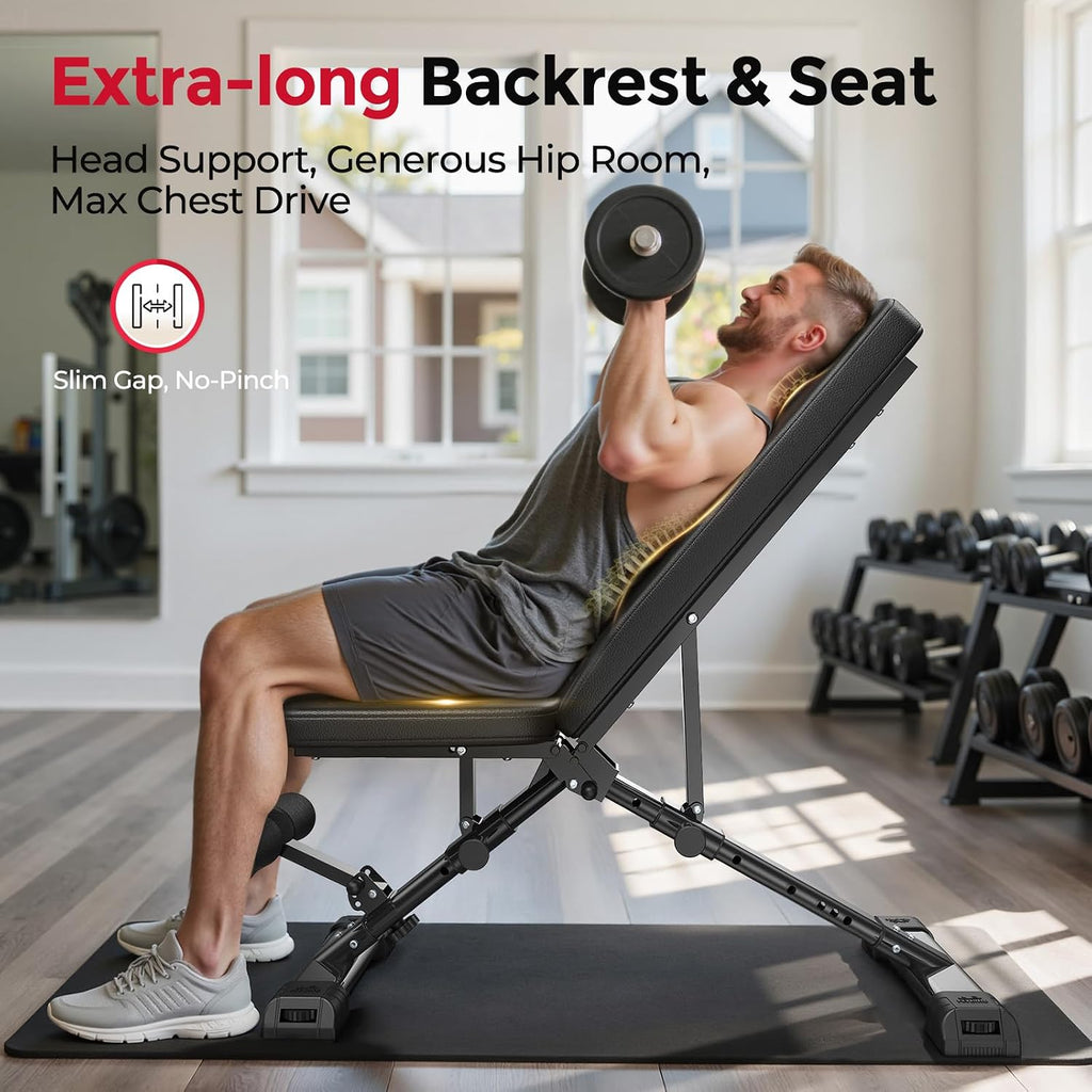 FLYBIRD WB5 Weight Bench, ASTM-Certified 800LBS Adjustable Weight Bench Workout Bench Foldable for Home Gym, 90Â° to -30Â° FID and 30in Extended Backrest for Bench Press Strength Training Exercise