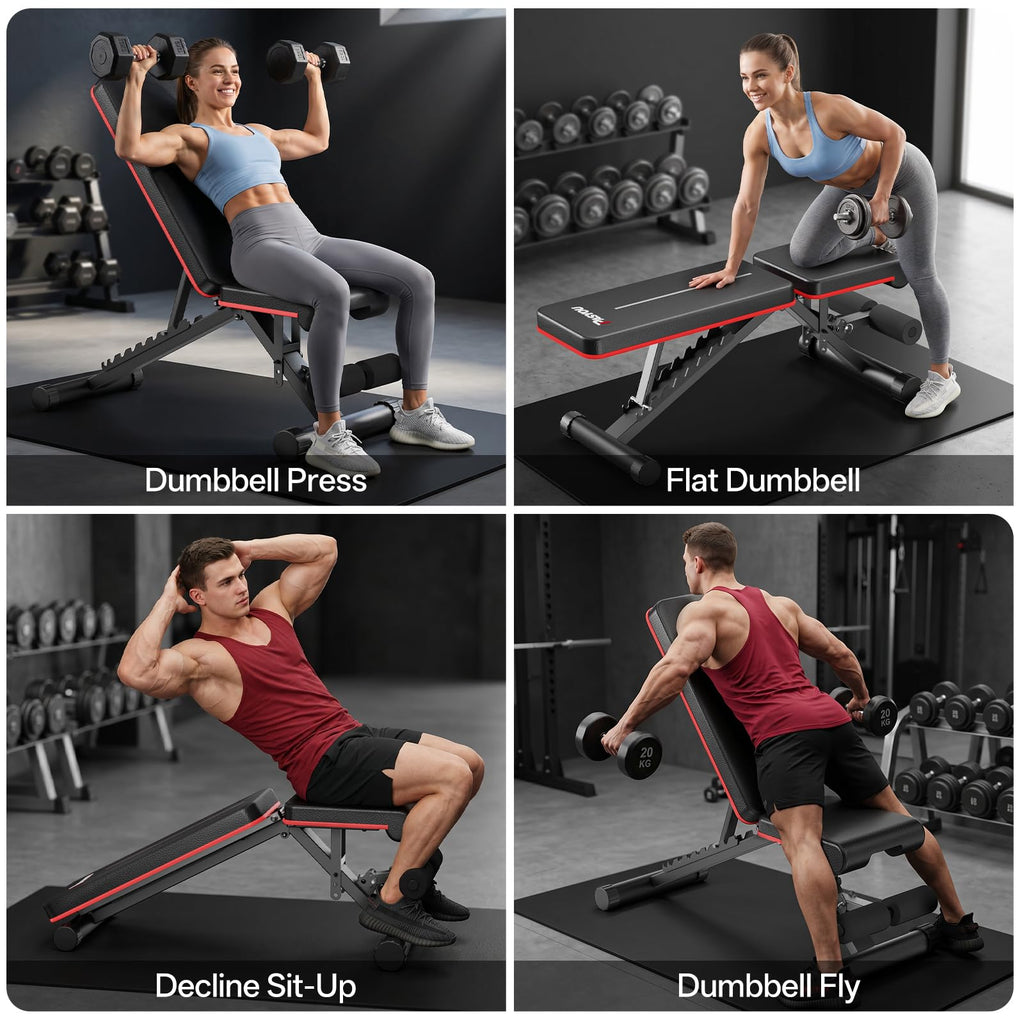 PASYOU Adjustable Weight Bench, 660LB Capacity Foldable Workout Bench, Incline Flat Bench Press for Home Gym, Dual-Frame Strength Training Bench, No Assembly Required, Wider Seat