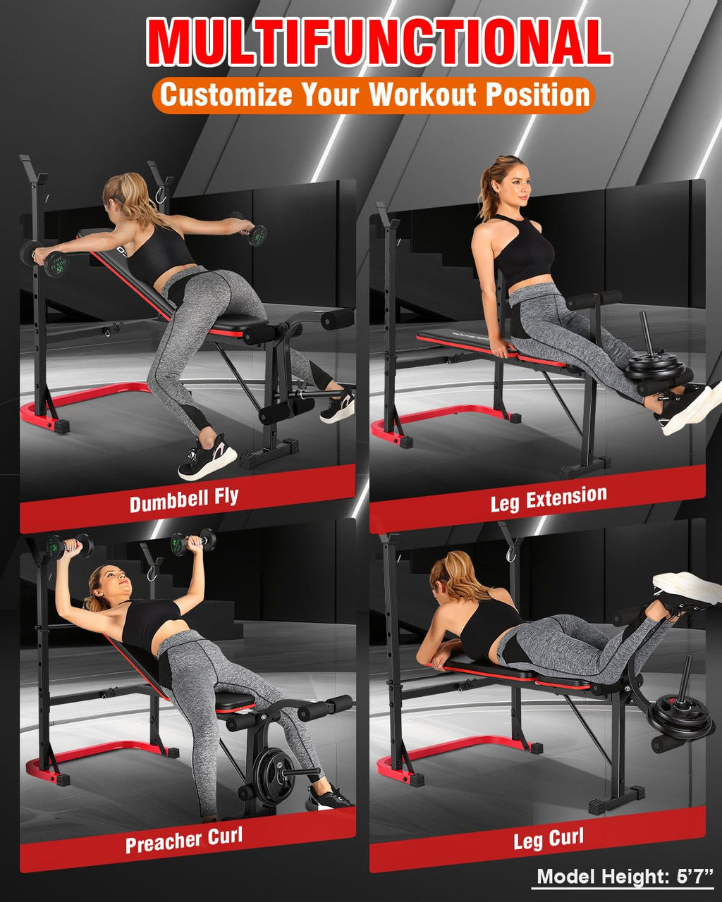 OPPSDECOR 6 in 1 Weight Bench Set with Leg Extension and Leg Curl, 660 LBS Adjustable Bench Press Set with Preacher Curl Pad, Foldable Workout Bench for Home Gym, Strength Training for Teens/Adults
