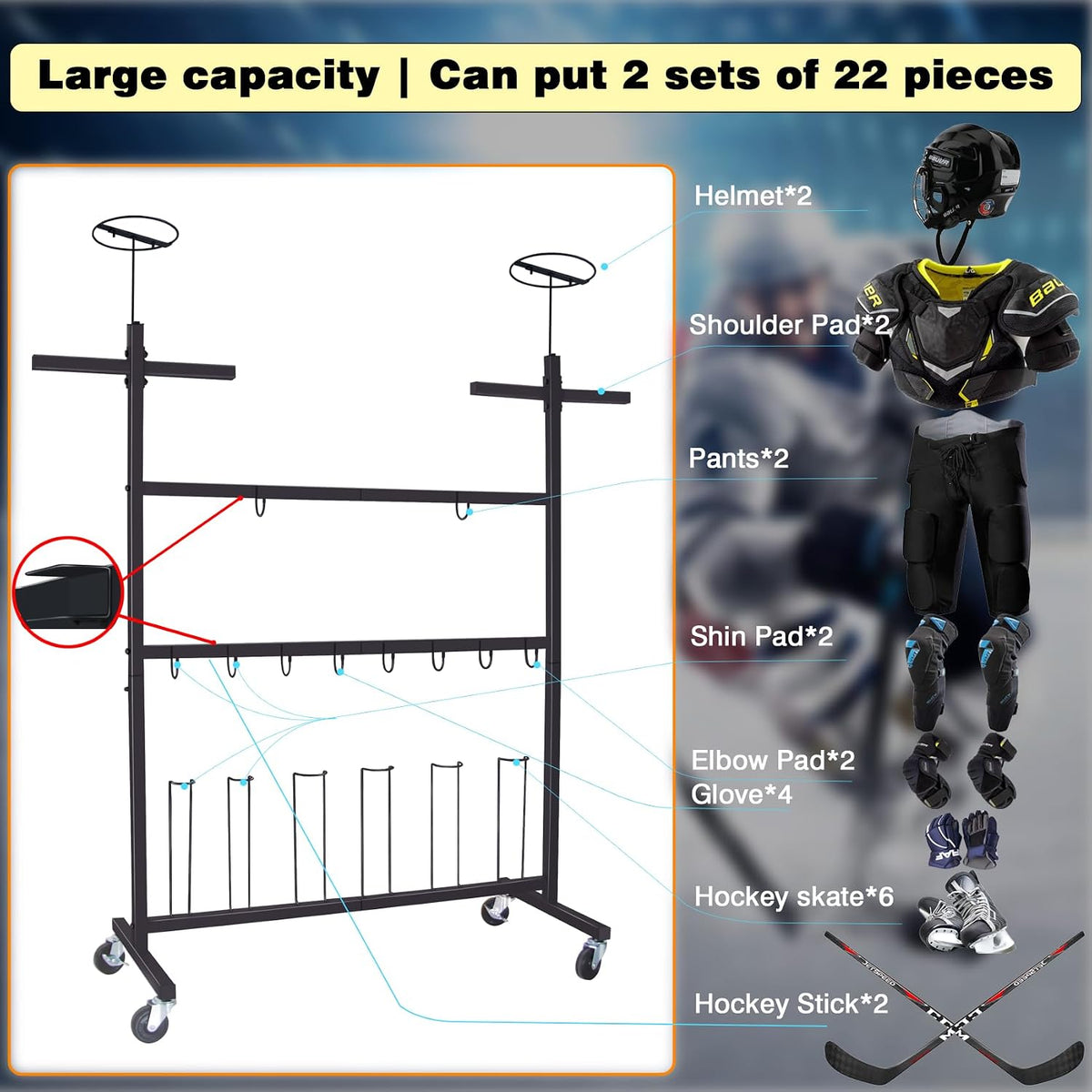 Hockey Gear Drying Rack - Ice Hockey Stick Holder Field Hockey Equipment Dryer - Large Hockey Display Storage Rack Sports Metal Shelving Tree Stand for Lacrosse (Patent Protected)