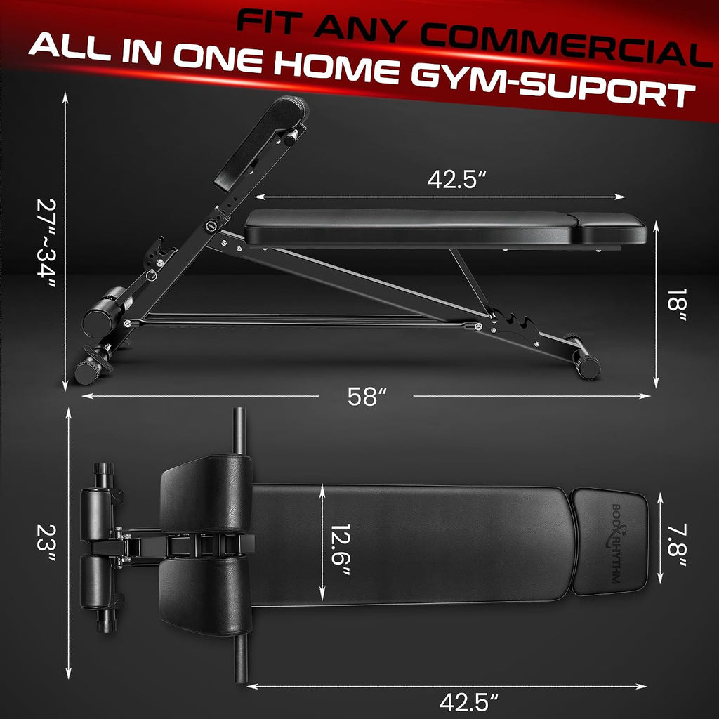 BODY RHYTHM Adjustable Weight Bench, Foldable Roman Chair for Full Body Workout, Sit up bench, Hyper Back Extension, Incline, Flat & Decline Bench