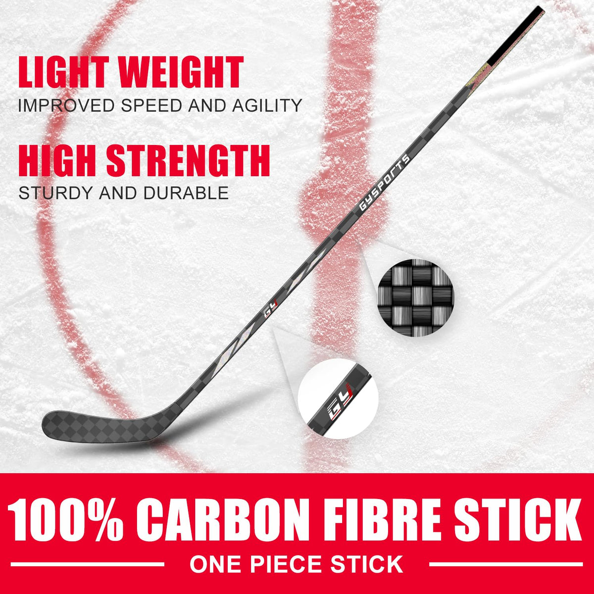 GY Ice Hockey Stick Senior Professional 100% Carbon Fibre Hockey Stick Adult 66"" Length, Shaft Woven UD 24K / Fle 75