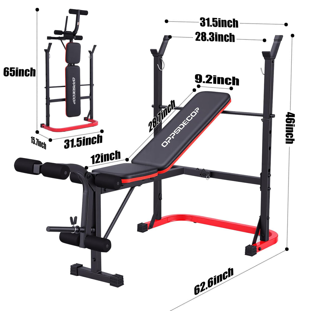 OPPSDECOR 661LBS Weight Bench Set, 8 in 1 Adjustable Bench Press with Squat Rack Leg Extension & Leg Curl Foldable Workout Bench with Safety Bar Catches Standard Weight Training Benches for Home Gym
