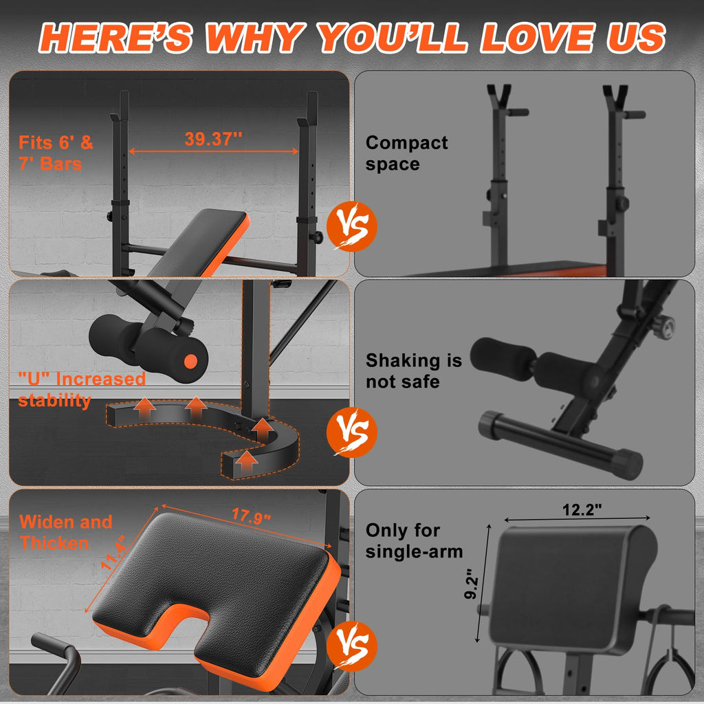 Fostoy Adjustable Weight Bench with Barbell Rack & Incline Design